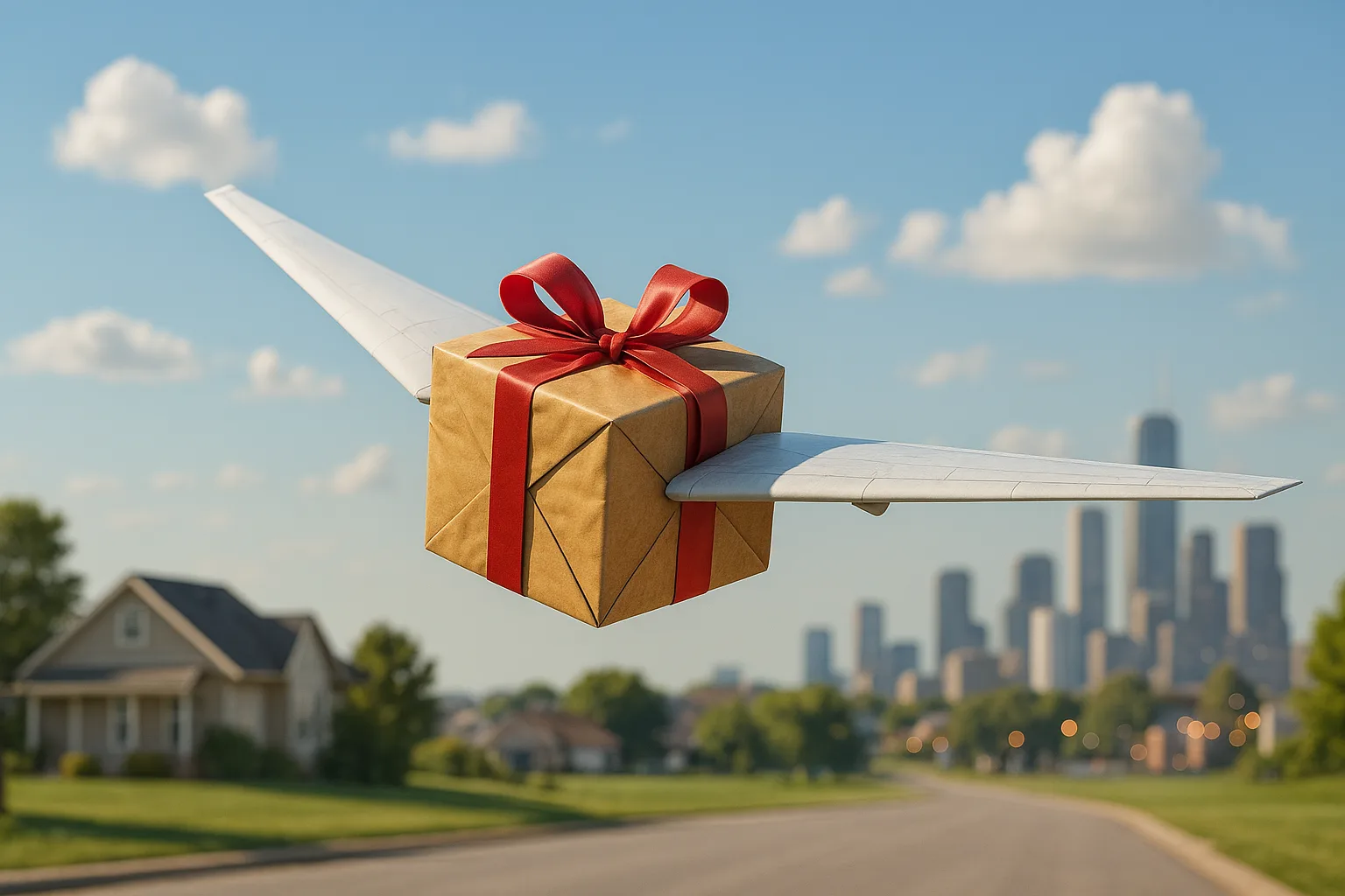 A brown paper parcel tied with a red ribbon and fitted with aeroplane wings, flying from a suburban street toward a city skyline.