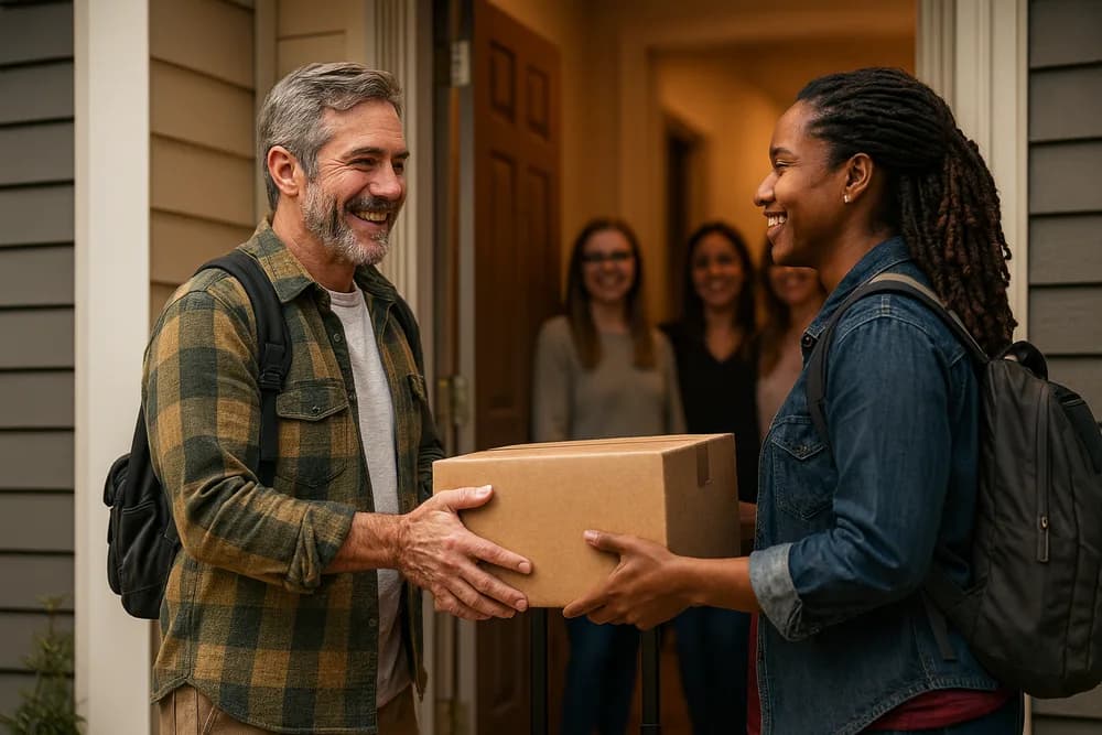 Two people handing a cardboard box between them at a front door, each carrying a backpack.