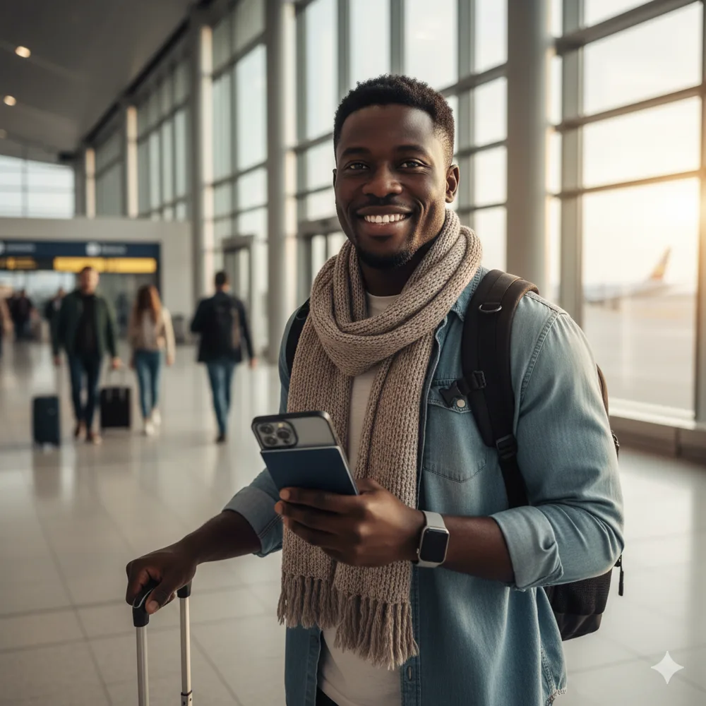 A traveler with a rolling suitcase and a backpack checking his phone in an airport departures hall.